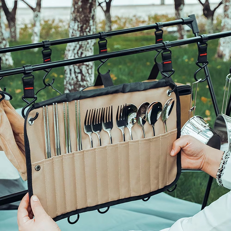 Camping Cooking Utensil Bag - Portable Outdoor Tableware Storage Bag Stainless