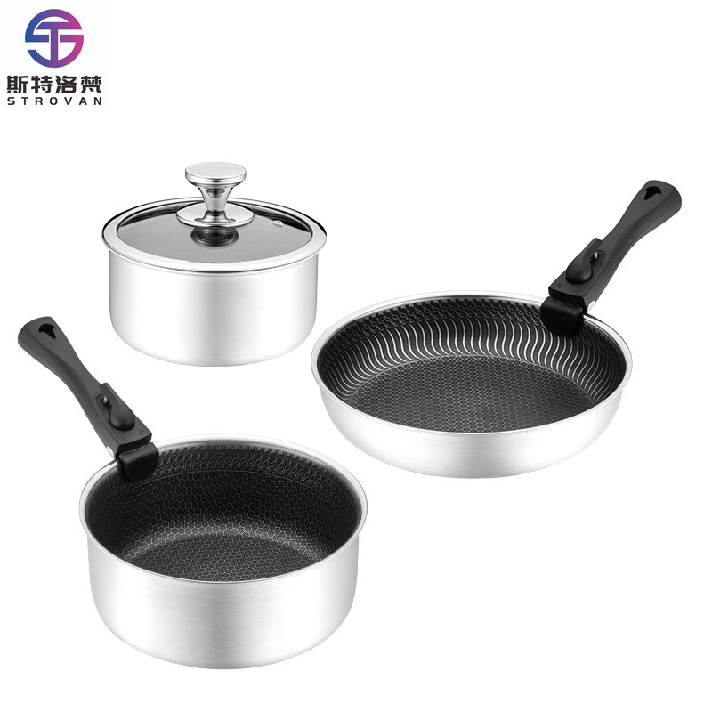 Camping Cooking Set Detachable Handle - 6 Pcs 3-ply Stainless Steel Cookware