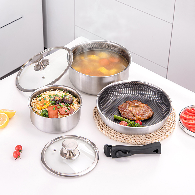 6 Pcs 3-ply Stainless Steel Co - огляд і ціна Camping Cooking Set Detachable Handle